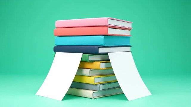A stack of colorful books forms an archway with blank white pages on a vibrant teal background, ideal for adding text or conveying concepts of knowledge and learning.