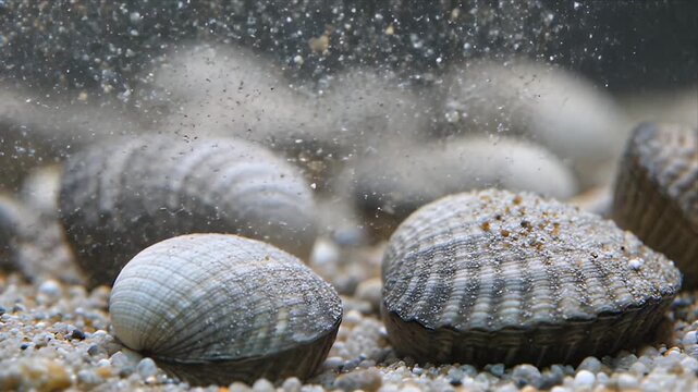 Close up of textured seashells resting on a sandy ocean floor with small particles floating in the water creating a