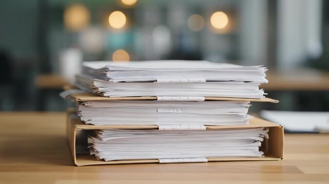 A close-up shot of a tall stack of papers and documents in manila folders on a wooden desk. The background is blurred with soft bokeh lights, suggesting an office environment.