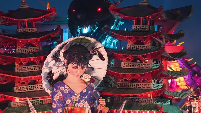 Scenic view of Viareggio Carnival allegorical float parade with costumes, spectators, and festive atmosphere