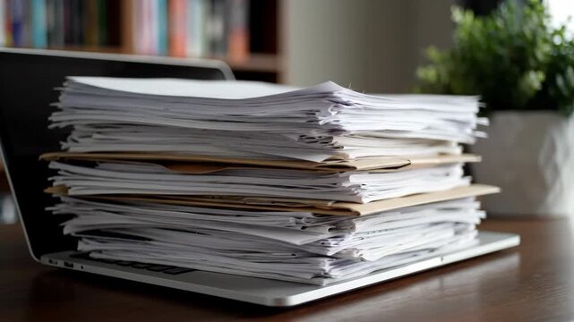 A large stack of white papers and envelopes rests on a laptop keyboard on a dark wooden desk. A bookshelf and a potted green plant are visible in the background.