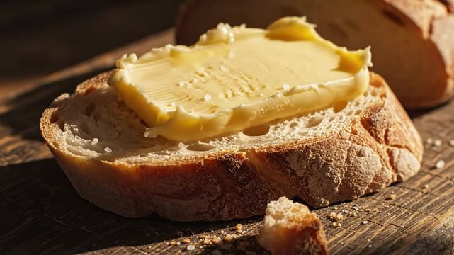 Close-up of a slice of bread with a generous slab of fresh butter on a rustic wooden surface.