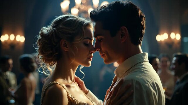 Close-up of a couple touching foreheads under warm decorative lights