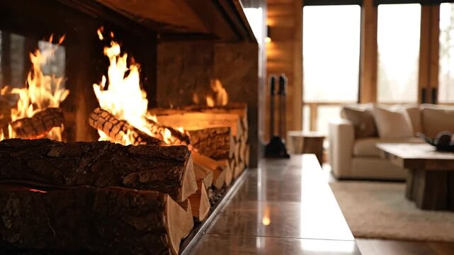 Cozy living room interior with a wood burning fireplace and comfortable furniture creating a warm inviting atmosphere