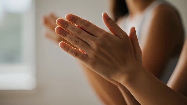 Woman's hands clapping indoors, with soft light and neutral tones in the background
