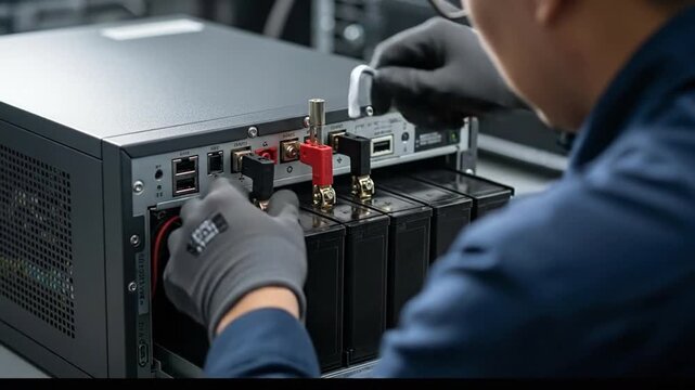 Technician Installing Server Rack Battery Backup System for Data Center Power