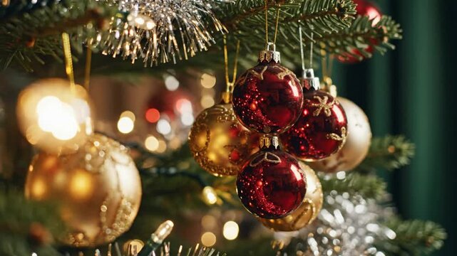 Close-up of Christmas ornaments hanging on a festive evergreen tree with string lights and tinsel for the holiday season