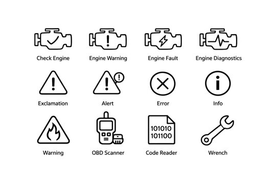 Automotive warning icons and diagnostic tools representing engine fault and repair