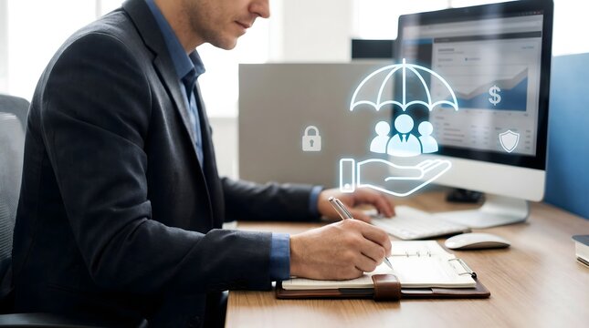 Insurance protection concept with business professional working at computer digital umbrella icon risk management and policy coverage

