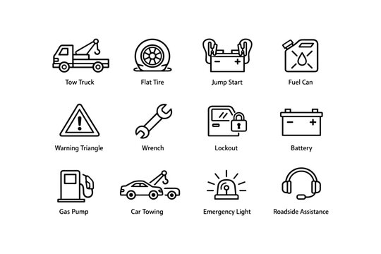 Roadside assistance icons: tow truck, flat tire, jump start, fuel can, emergency light