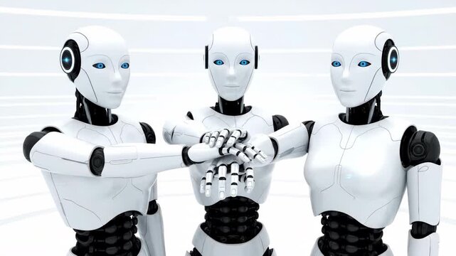Three futuristic white robots with blue eyes stack hands in unity and teamwork in a clean white futuristic environment. Conceptual image for technology and collaboration.