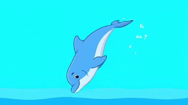 Dolphin Jumping in Playful Cartoon Style with Bright Blue Color and Simple Flat Design for Childrens Illustration