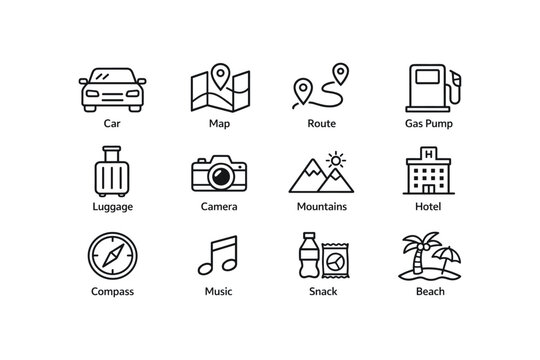 Travel icons set: car, map, route, gas pump, luggage, camera, mountain, hotel
