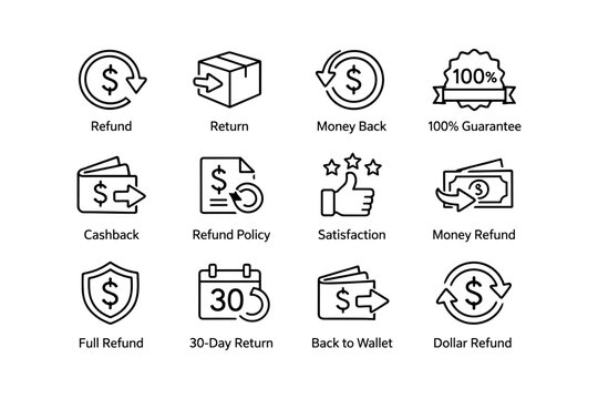 Refund and return icons: money back guarantee, cashback, satisfaction policies