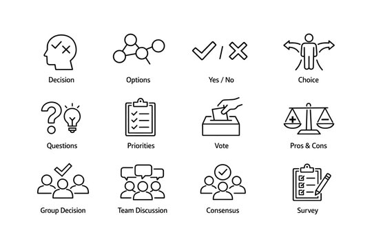 Decision making icons set: vote, choice, survey, discussion, consensus