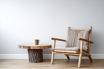 Rustic chair and log table offer natural decor for a minimalist room.