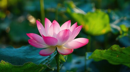 Obraz premium Vibrant Pink Lotus Blossom Surrounded by Green Leaves and Water