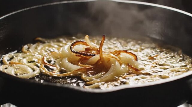 Close up view of cooking caramelized onions in a cast iron skillet with steam rising