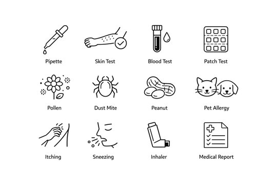 Allergy test icons: pipette, skin test, blood test, patch test, inhaler