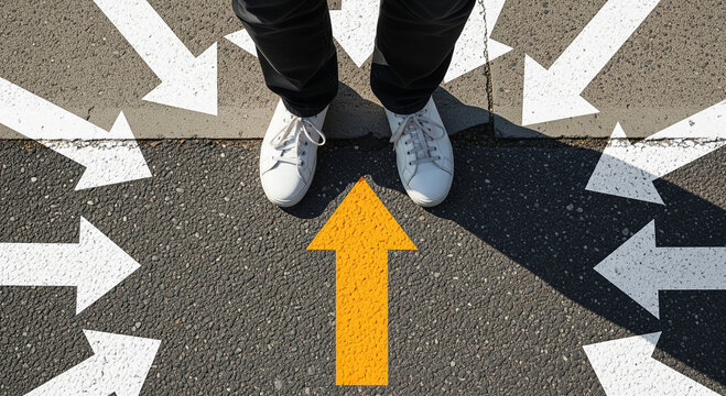 Feet standing on asphalt with a yellow arrow pointing forward, perfect for leadership concepts and clear direction plans