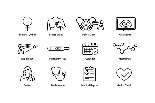 Women's health symbols: exams, tests, doctor, and medical icons
