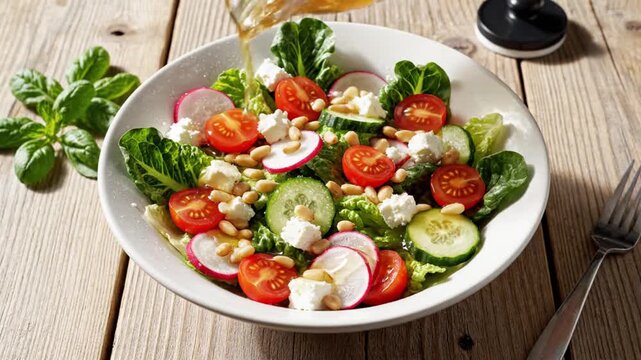 Fresh Caprese Salad with Cherry Tomatoes Mozzarella Basil Oil and Balsamic Drizzle on White Wooden Surface