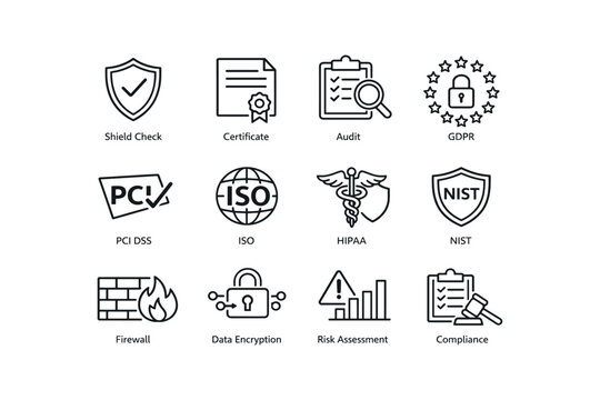 Security compliance icons: shield, gdpr, pci dss, iso, hipaa, nist