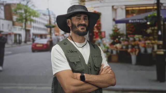 Man with arms crossed wearing a fishing vest and wide brim hat on a street flower market stall, glancing sideways with a smirk; calm confidence.