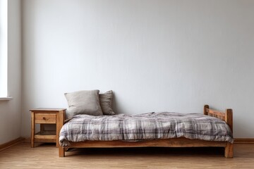 Wooden bed with plaid blanket and pillows sits beside a nightstand.