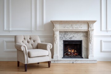 Elegant armchair sits beside a lit marble fireplace in a white room.