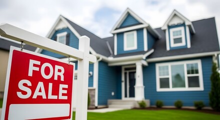 Fototapeta premium For sale sign with red empty space in front of blurred blue house with white trim and green lawn