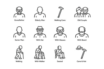 Fototapeta premium Icons of elderly individuals and walking aids: grandfather, elderly, senior, walker, cane