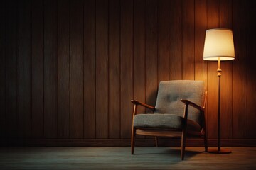 Warm light illuminates a cozy armchair against a wood-paneled wall.