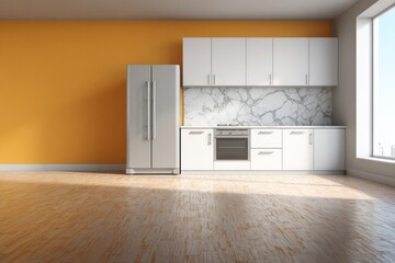 Modern kitchen with white cabinets, appliances, and orange wall.