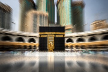 Sacred cubic structure adorned with gold against modern skyscrapers.