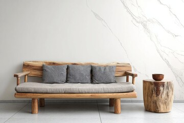 Rustic wooden bench with patterned cushions sits by a natural wood side table.
