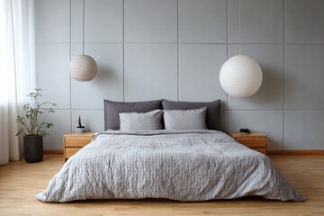 Cozy bedroom with a bed, bedside tables, and decorative lights.