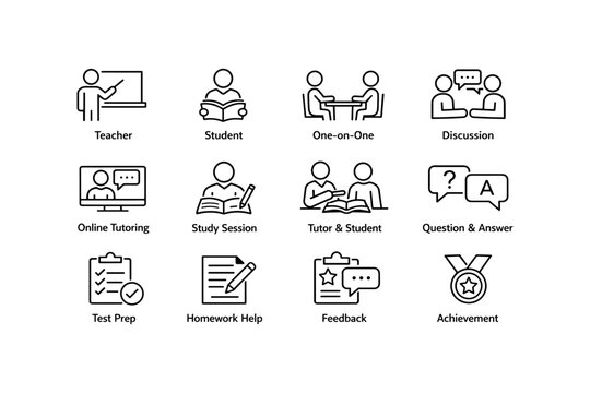 Educational icons: teacher, student, tutoring, discussion, achievement