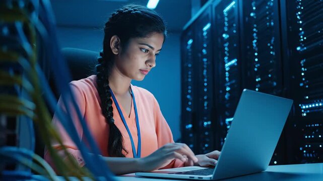 A young woman with braided hair works diligently on a laptop in a dimly lit server room. Blue lights illuminate rows of servers and colorful cables.