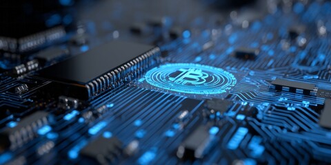Glowing digital circuit board displays cryptocurrency symbol with intricate blue lines.