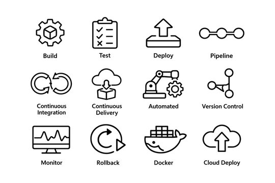 Software development process icons: build, test, deploy, pipeline, automation, cloud
