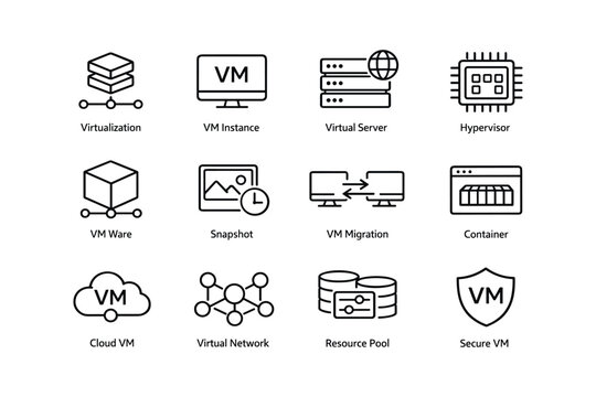 Virtualization and cloud computing icons: vm, network, security