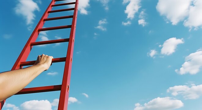 A hand reaching towards a red ladder against a clear blue sky