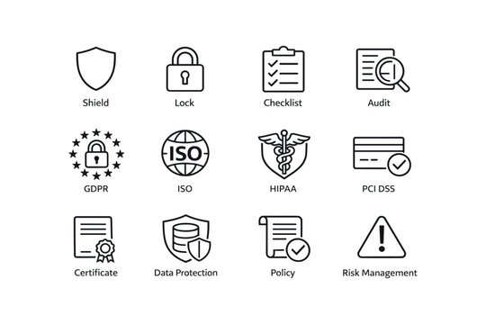 Security and compliance icons: shield, lock, checklist, audit, gdpr, iso, hipaa, pci dss