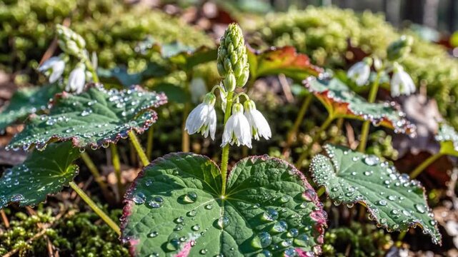 Close-up of beautiful blooming bunchberry flowers in a natural forest setting with glistening water droplets.
