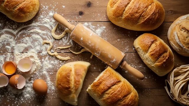 Overhead shot of bread, rolling pin, cracked eggs, and flour on a wooden surface