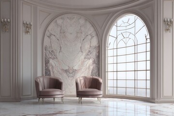 Elegant room features two plush chairs and a large arched window.
