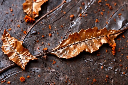 Intricately detailed copper beech leaves rest on weathered wood, illuminated with autumnal light and subtle textures.