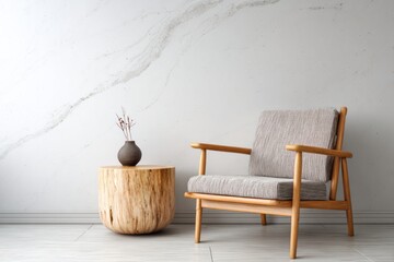 Modern wooden armchair and textured side table beside a marble wall.