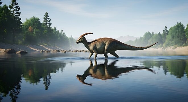 Parasaurolophus Dinosaur Crossing a River with Reflection.